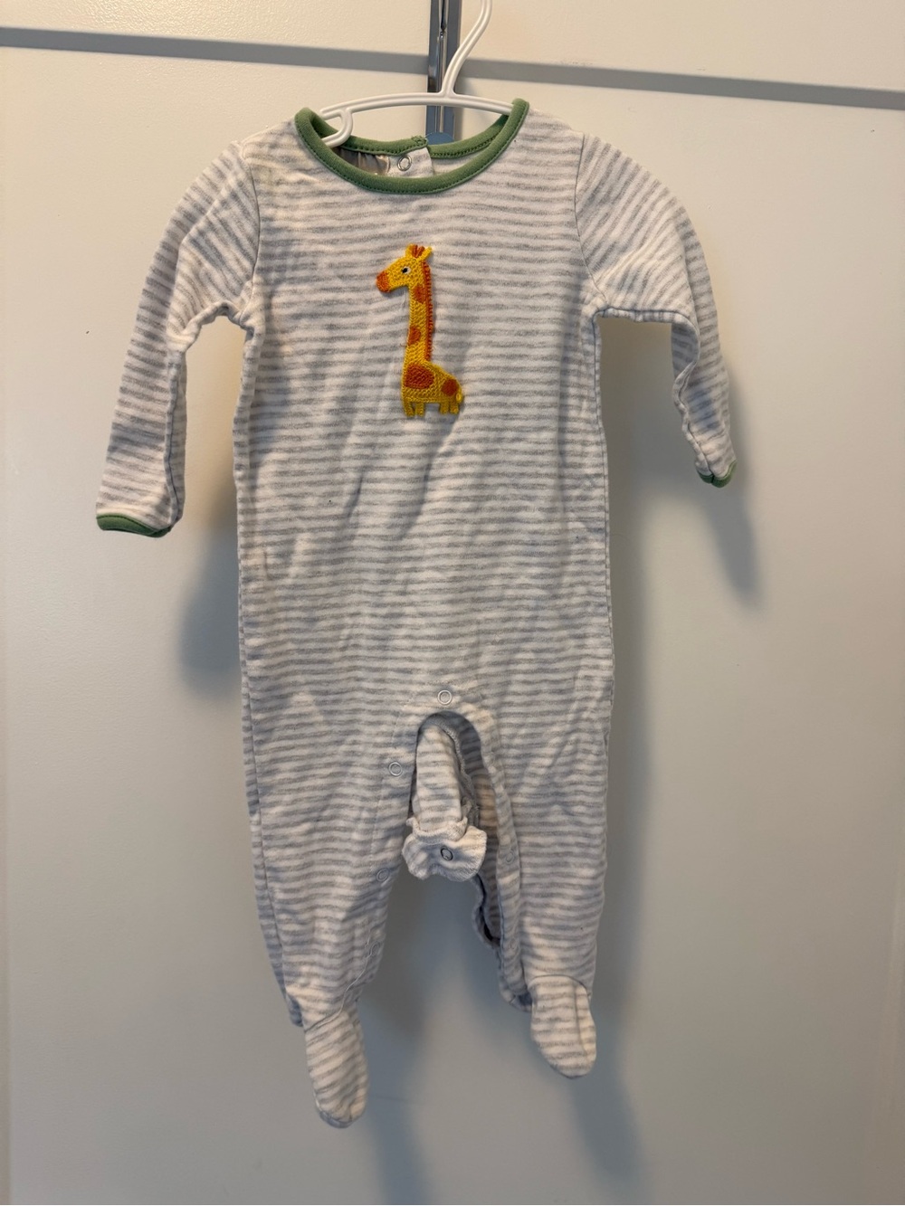Gray & White Striped Footed One-Piece with Giraffe Applique